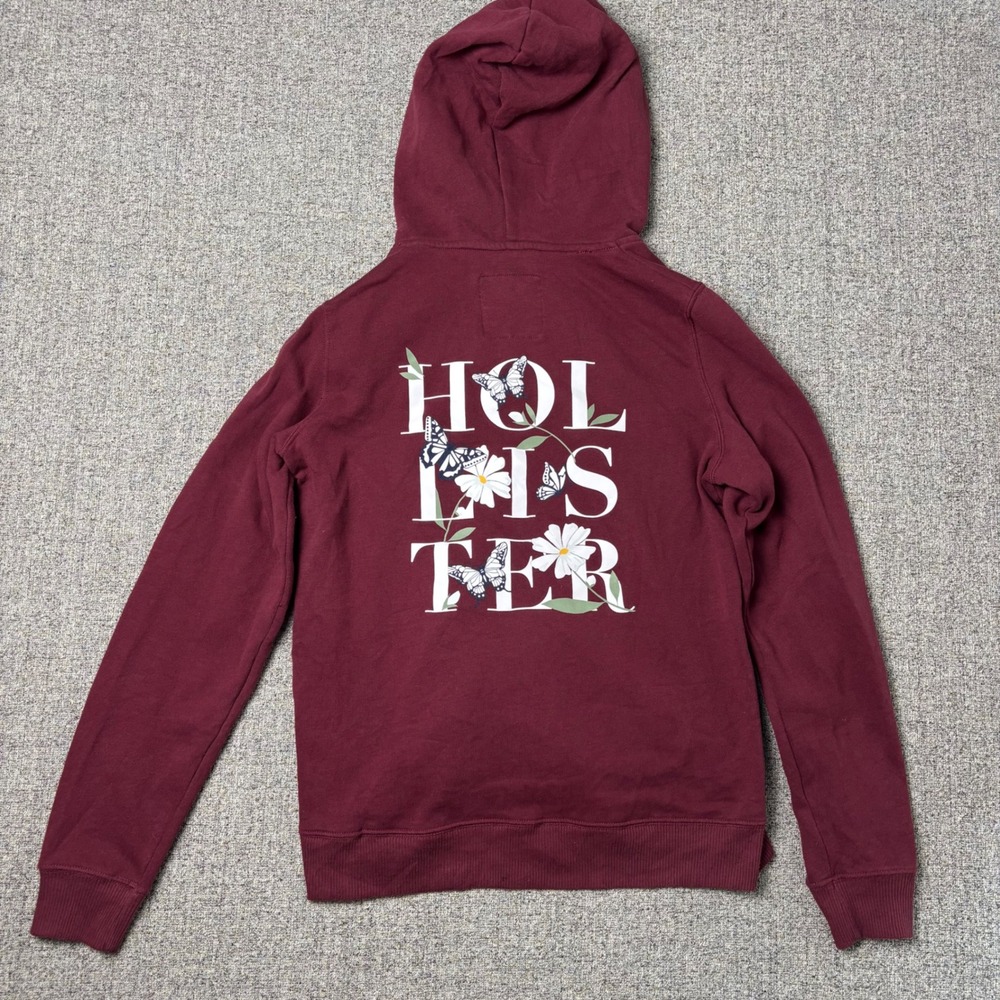 Hollister Hoodie Women S Burgundy‎ Butterfly Floral Graphic Pullover Y2K